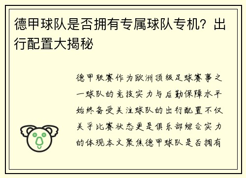 德甲球队是否拥有专属球队专机？出行配置大揭秘